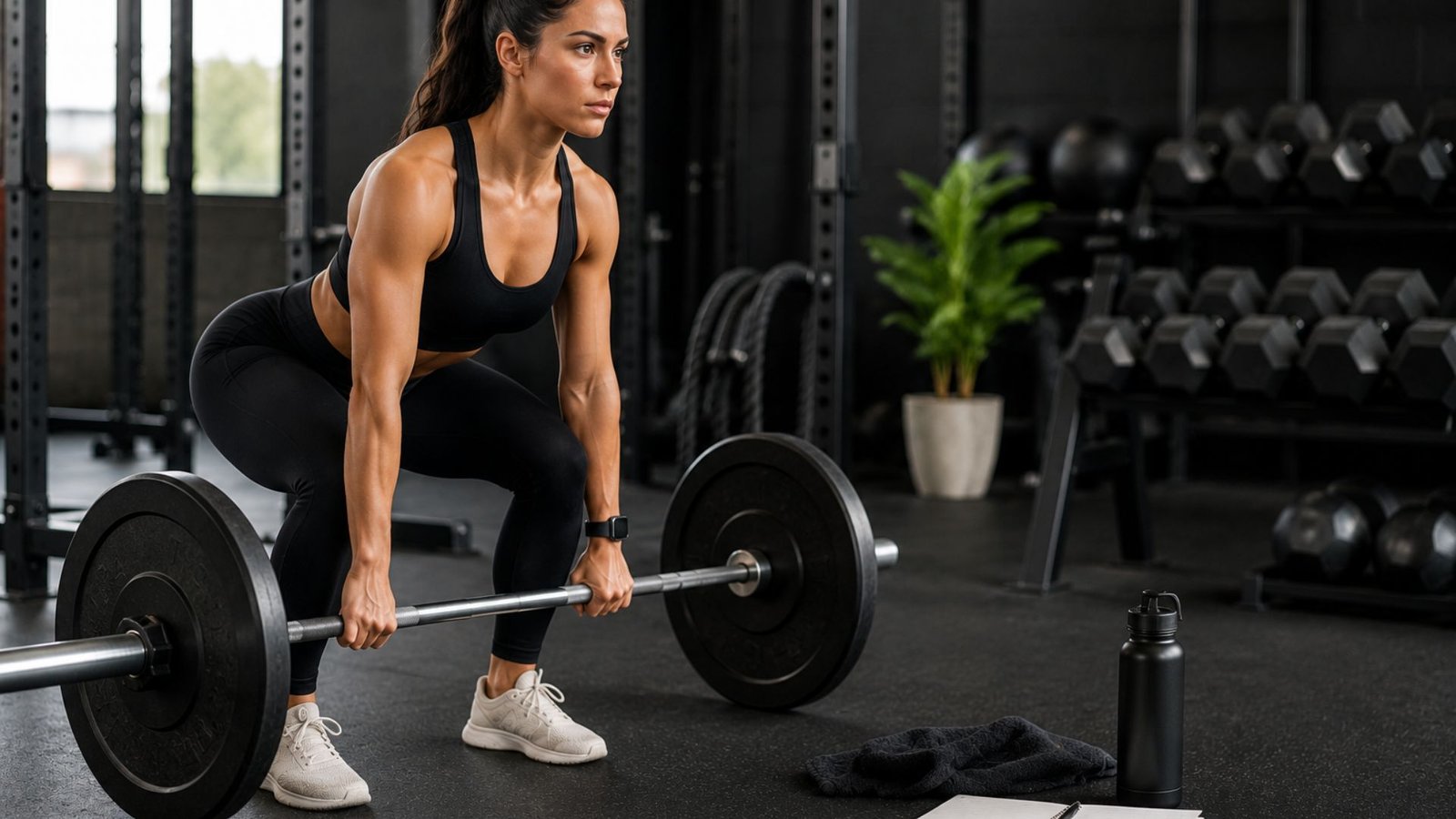 Athlete in black workout attire performing a deadlift with a loaded barbell in a gym, with weights and equipment in the background.