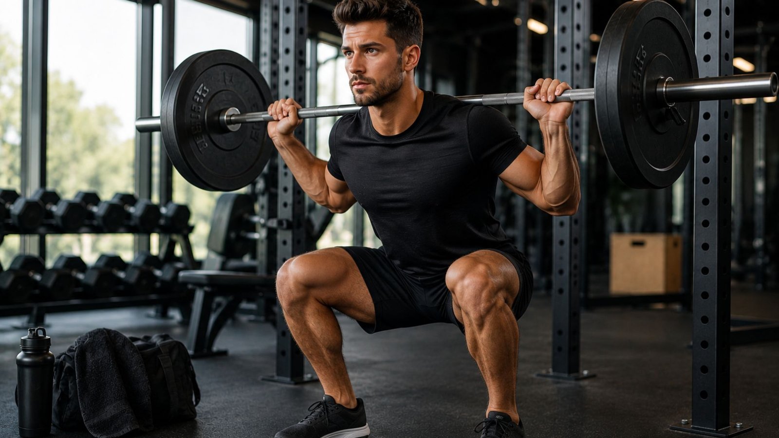 Man performing a barbell squat in a gym, lowering into a squat with loaded plates on a rack behind him.
